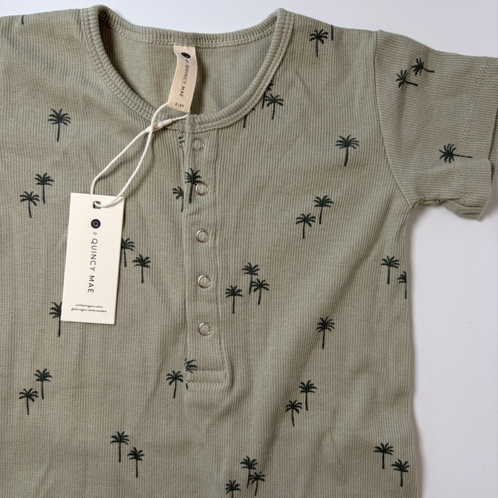 NWT Q by Quincy Mae 2-3Y Gender‎ Neutral Palm Tree Short Sleeve Ribbed Romper